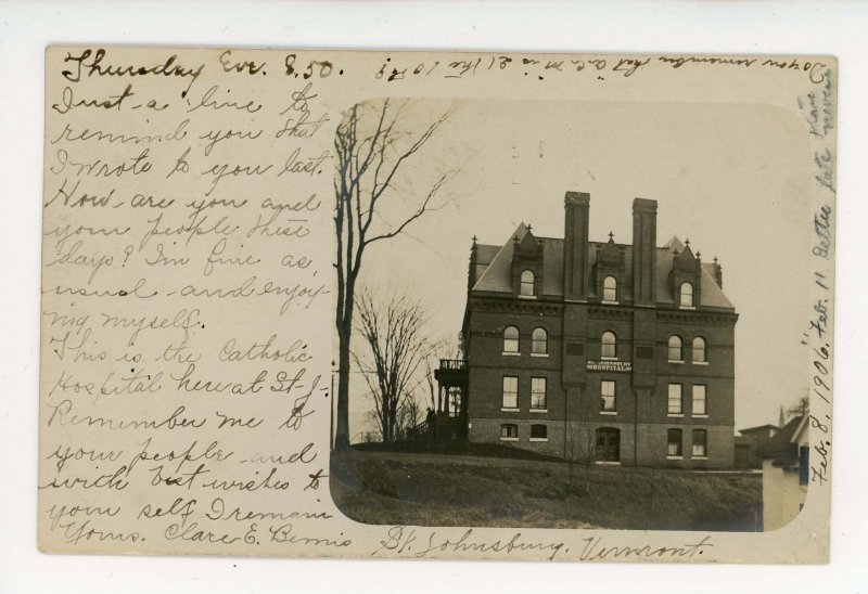 VT - St. Johnsbury. St. Johnsbury Hospital ca 1905   RPPC