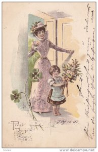 AS: E. A. W., Prosit Neujahr!, Mother and child entering house with bouquet o...