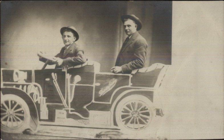 Men in Studio Prop Automobile Car Dempsie Photo Minneapolis MN RPPC c1910