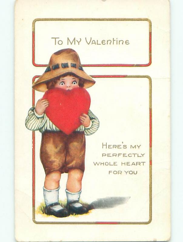 Pre-Linen valentine BOY IN STRAW HAT HOLDS UP HEART J0202