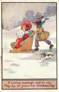 Tuck Christmas Postcard C7131 Agnes Richardson, Boy Pushes Girl in Sleigh, Dog