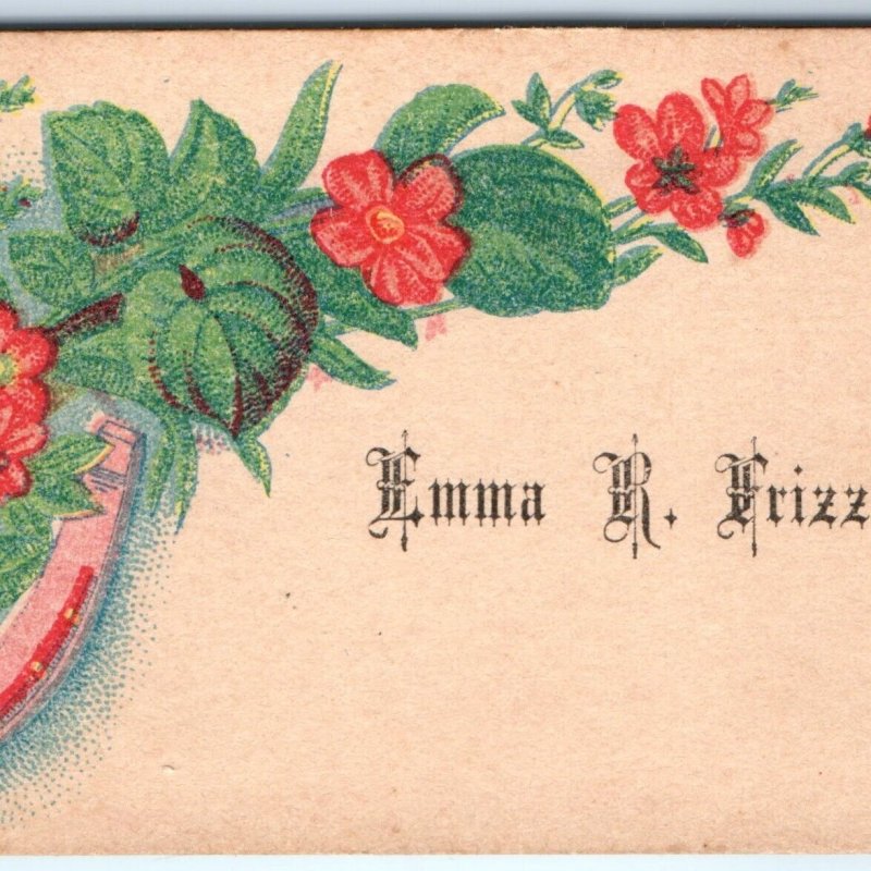 c1880s Emma Frizzell Name Calling Trade Card Litho Horseshoe Visiting Old C1