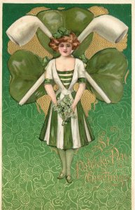 Embossed Winsch Schmucker St. Patrick's Day Postcard Woman in Front Of Pipes