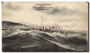 Old Postcard War Ship Torpedo Blaster offshore in rough seas