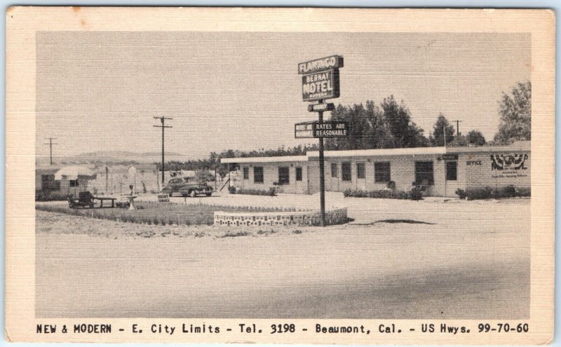 c1950s Beaumont, Cal. Flamingo Bernat Motel Postcard Hwy 99 70 60 CA A88