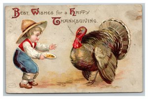 Vintage 1910's International Thanksgiving Art Postcard Boy Feeds Giant Turkey