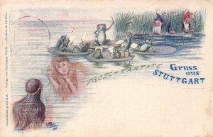Fantasy 1896 Humanized Frogs Choir Dwarf Mermaids Art Gruss aus postcard C316