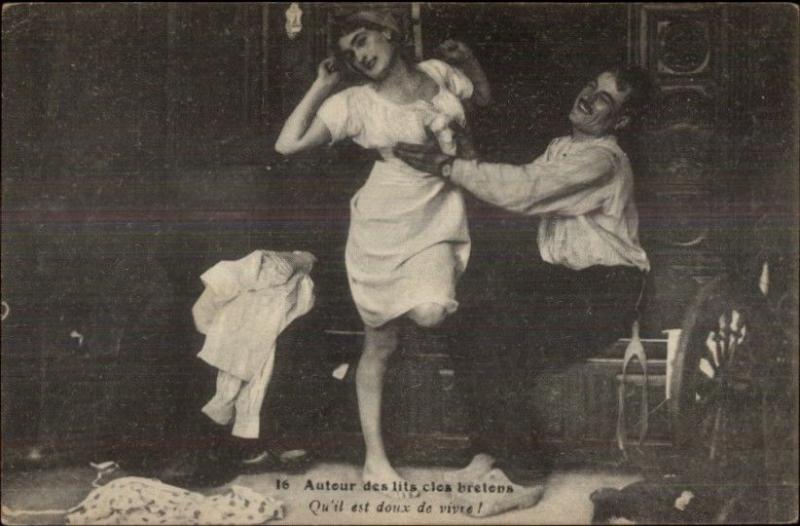 French Risque - Man Holding Sexy Woman's Breasts c1915 Postcard