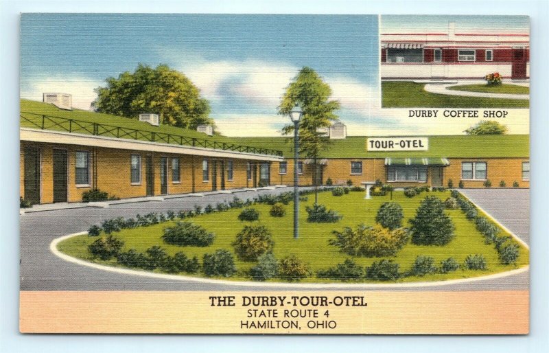 Postcard OH Hamilton The Durby Tour Otel & Coffee Shop Vintage Linen I11