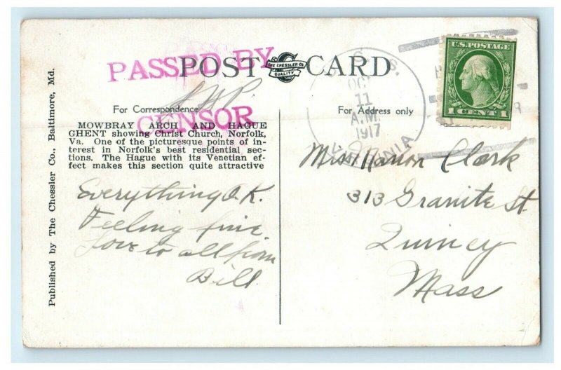 1917 Mowbray Arch and Hague Ghent Norfolk Virginia VA Passed by Sensor Postcard