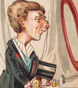 1880s Comical Victorian Trade Card Man Groom Looking In Mirror F113