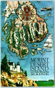 MOUNT DESERT ISLAND, Maine ME   Map Postcard ACADIA NATIONAL PARK  Derwinski Art