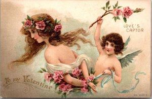 Valentine's Day Postcard Woman's Hands Tied Up with Roses Cupid as Love's Captor