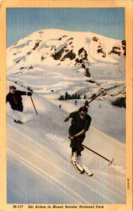 WA, Washington  SKI ACTION~SKIERS~SKIING  Mount Rainier National Park  Postcard