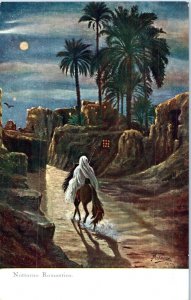 Painting of Notturno Romantico Woman on Camel Horse Moonlight Postcard