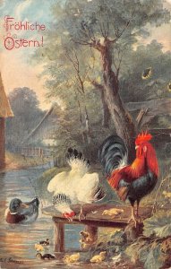 A095 Easter Greetings 1906 Rooster Chicken Ducks Artist Card signed postcard