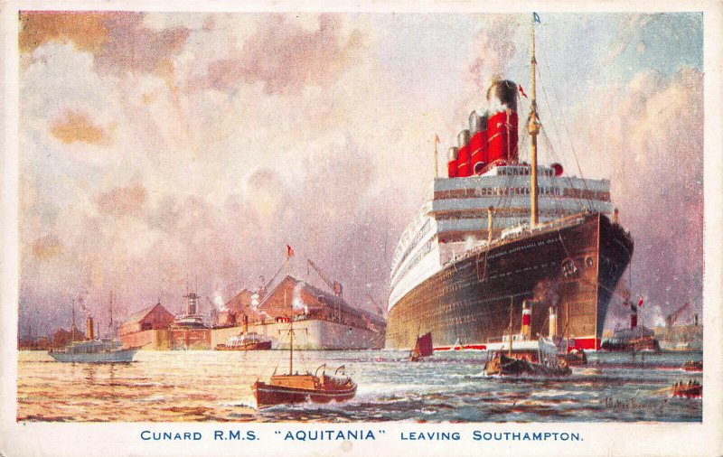 Cunard R.M.S. Aquitania Leaving Southampton, England, Early Postcard, Unused