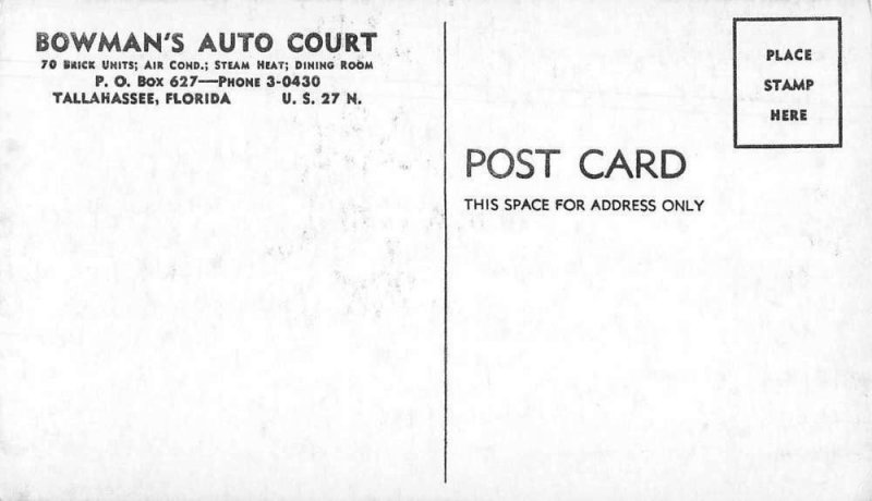 Tallahassee Florida Bowman's Auto Court Vintage Postcard JJ658967