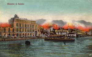 Vintage Postcard Messina In Hamme Fire near the Lake Flaming Buildings