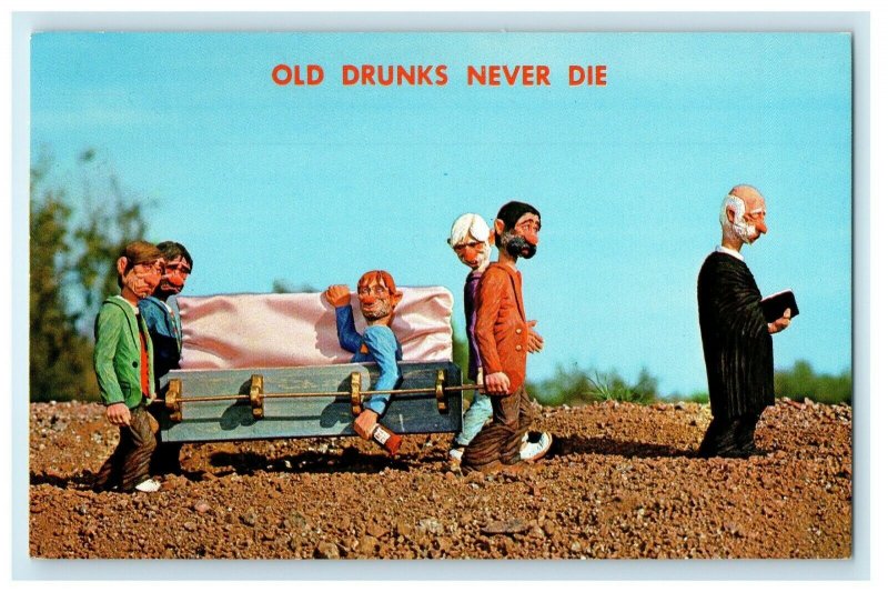 c1960s Old Drunks Never Die Carrying Well-Oiled Crony Funny Humor Comic Postcard 