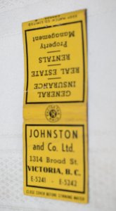 Johnston and Co. Ltd Victoria B.C. Advertising Bobtail 20 Strike Matchbook Cover