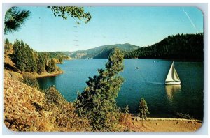 Coeur D'Alene Idaho Postcard Lake North Sailboats Cruisers c1957 Vintage Antique