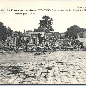 c1910s Chauny France Market Place Ruins WWI Destruction Bicycle Cobblestone A360