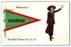 1912 Best Town In USA Welcome Shenandoah Iowa IA Posted Pennant Woman Postcard