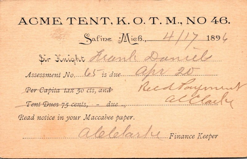 Michigan Safine Acme Tent K O T M No 46 1896