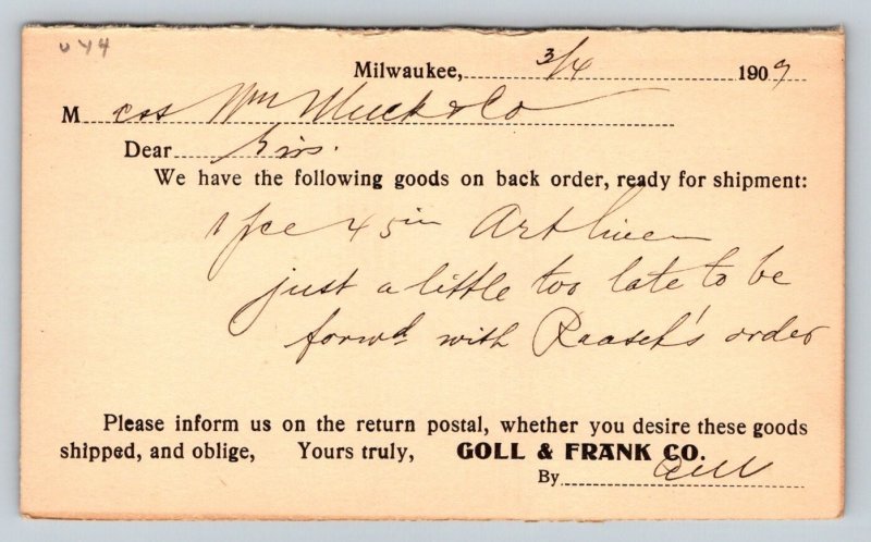 1907  Goll & Frank Co.  Milwaukee  Wisconsin   Postcard