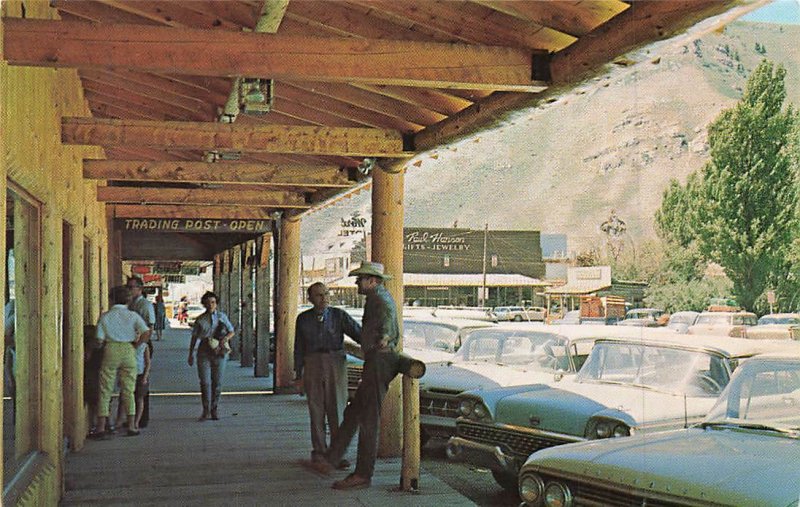 VTG Board Sidewalk Rustic Buildings People Old Cars Jackson Wyoming Chrome P191 