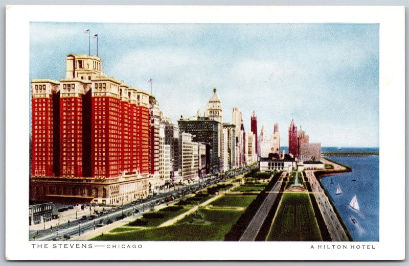 Vtg Chicago Illinois IL The Stevens Hilton Hotel Lake Michigan 1950s Postcard