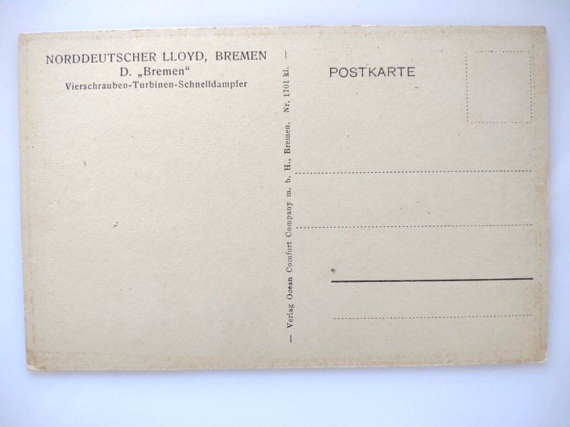 Norddeutscher Lloyd Bremen SS Bremen Steamer Postcard German Shipping Line