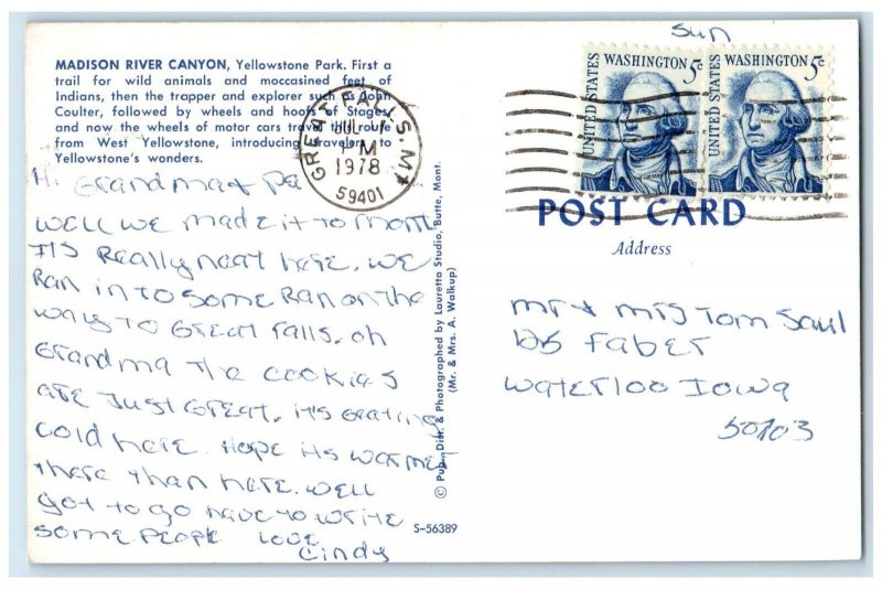 1978 Madison River Canyon Yellowstone Park Wyoming Great Falls Montana Postcard