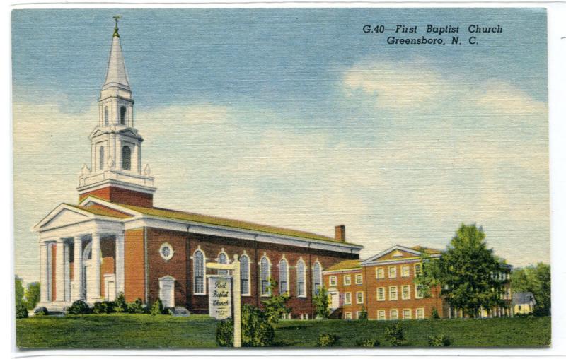 First Baptist Church Greensboro North Carolina linen postcard