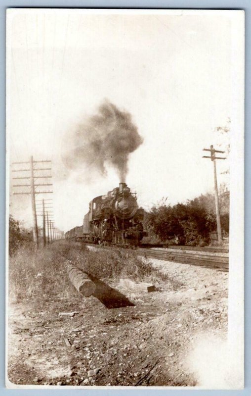 RPPC STEAM LOCOMOTIVE TRAIN TRACKS  RAILROAD TELEGRAPH POLES PHOTO POSTCARD