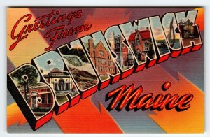 Greetings From Brunswick Maine Large Big Letter Postcard Linen Unused Town City