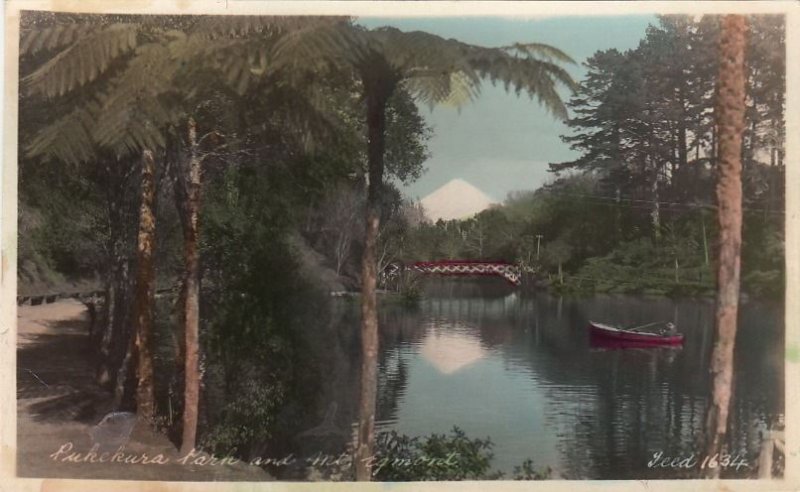 Postcard RPPC Pukekura Park + Mt Egmont New Zealand