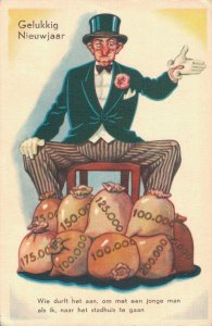 Happy New Year Men With Bags of Cash Vintage Postcard B59