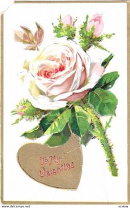 VALENTINE'S DAY, 1900-10s; White/Pink Rose & Gold Heart, TUCK #11