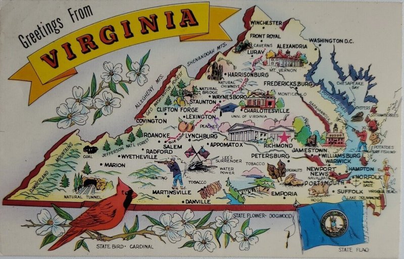 Virginia Greetings Map Cities Towns Points of Interest VA Postcard Posted