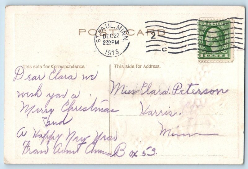 St. Paul MN Postcard Christmas Holly Berries Ringing Bell Windmill Embossed 1913