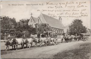 St. Mary's Church New Plymouth NZ New Zealand Oxen Wagons T. Avery Postcard G97