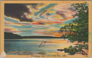 Greetings From Lynchburg Missouri Sunset Lake Posted Linen Vintage Postcard
