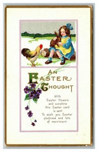 Vintage 1910's Easter Postcard Cute Girl Bunny on Her Lap Hen in the Country