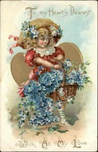 Tuck Floral Missives Valentine Little Girl in Straw Hat c1910 Vintage Postcard