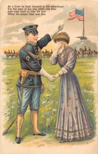 US Patriotic Love Romance Soldier Bids Farewell Couple embossed postcard B985