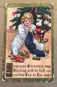 VINTAGE .01  POSTCARD - HOPE YOUR CHRISTMAS STOCKING WILL BE FULL... CREASED