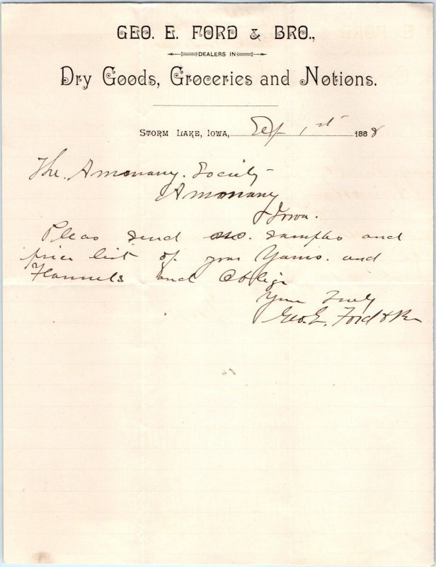 1888 Storm Lake, IA Geo E. Ford Dry Goods Groceries Memo Letterhead Amana IA R2