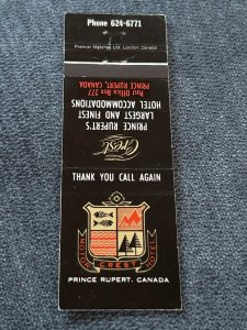 Vintage Matchbook Cover Motor Crest Hotel Prince Rupert, Canada MB128